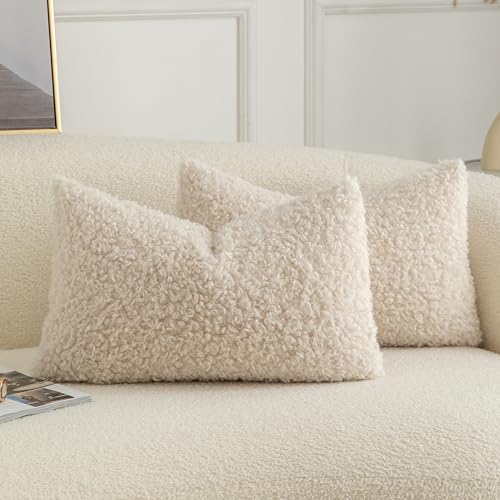 Pack of 2 Curly Teddy Wool Faux Fur Throw Pillow Covers Fuzzy Accent Soft Sherpa Pillowcases Sheepskin Fleece Decorative Cushion Case for Sofa Couch Living Room 12x20 Inch Neutral Light Beige