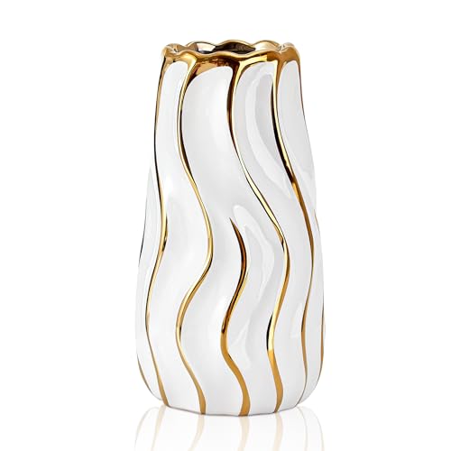 White Ceramic Vase for Home Decor,Decorative Flower Vase, Vertical Stripe Ceramic Vases for Home Décor, Bedroom, Office, Living Room, Bathroom, Tabletop Decor, Centerpiece (White)