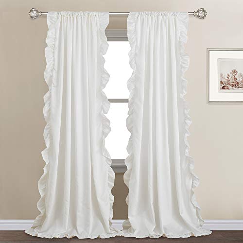 StangH White Ruffle Curtains 52x84 Long 2 Panels, Premium Silky Satin Cottagecore Shabby Chic Curtains for Bedroom/Living Room, Light Filtering Privacy Romantic Vintage Window Drapes