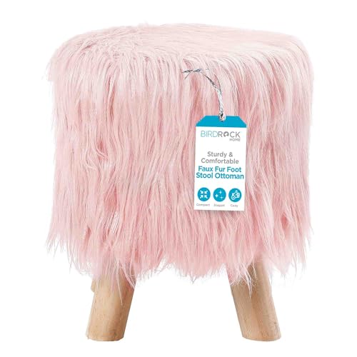 BIRDROCK HOME Small Faux Fur Foot Stool Ottoman – Upholstered Vanity Chair with Natural Wood Legs - Soft Compact Padded Seat or Accent Chair for Makeup Room, Living Room or Bedroom (Pink)