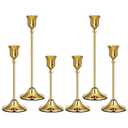 Gold Candlestick Holders Set of 6, Weighted, Metal Taper Candle Stick Holders, Vintage Christmas Brass Home Decor for Table, Mantel, Room Decorations Housewarming Gift Gold-6