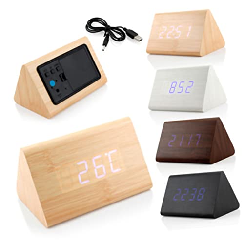 GLEAVI Modern Triangle Led Wooden Alarm Clock Desk Clock Digital Display Thermometer Function USB Powered Battery Operated Black Wood White Light