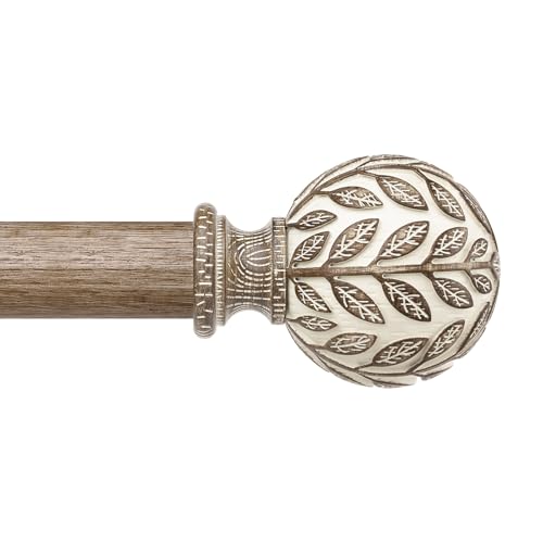 Curtain Rod 36-122 Inch, Boho Decorative 1 Inch Wood Rustic Curtain Rods for Windows, Adjustable Heavy Duty Long Vintage Window Treatment Rods, Imitation Weathered Wood Grain Leaf Finials