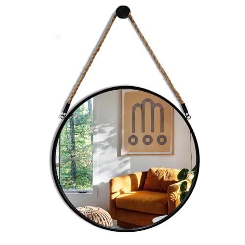 POZINO Round Hanging Mirror with Rope, 15" Circle Wall Mirror with Black Metal Frame, Farmhouse Decorative Mirror for Entryway, Living Room, Fireplace, Bedroom, Bathroom