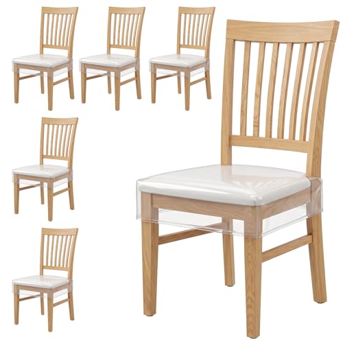6 Pack Clear Plastic Dining Chair Covers – Heavy-Duty PVC Seat Protectors, Waterproof & Scratch Resistant, 20" x 16" x 4" Fits Most Standard Chairs with Hook and Loop Closure