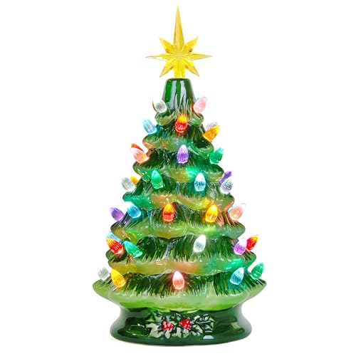 Joiedomi 12" Ceramic Christmas Tree, Table Top Christmas Tree with Flower Leaf, Vintage Pre-lit Xmas Decor with LED Lights, Battery Operated Hand-Painted Xmas Decorations Indoor Home
