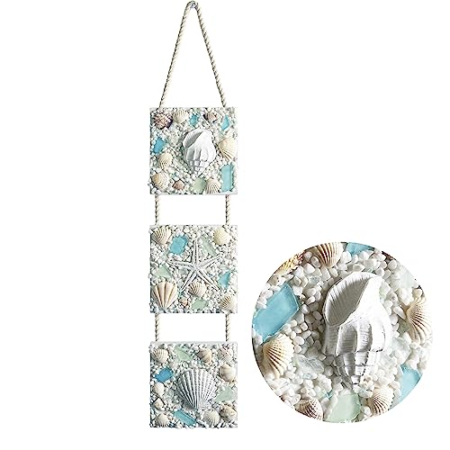 flangairy 20.5"x4.3" 3D Seashell Starfish Conch Beach Wall Hanging Decor | Wooden Base, Sand, Glass, Resin Sea Star Fish Shells, Ocean Coastal Theme Room Art, Nautical Bathroom Decorations for Home