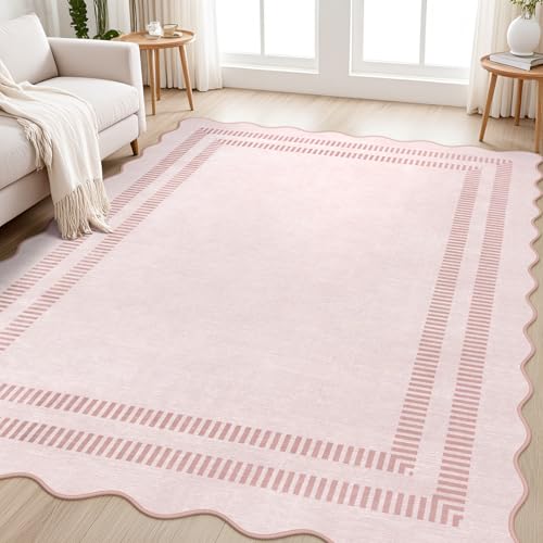 Pink Rugs for Bedroom Girls, 5x7 Washable Non Slip Area Rugs for Living Room, Soft Vintage Ultra-Thin Scalloped Carpet for Nursery Dorm Home Decor