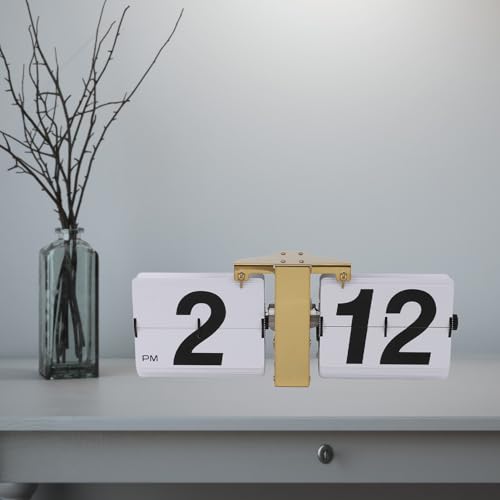 Flip Desk Clock Mechanical Clock Battery Operated Desktop Vertical Wall Mounted Retro Digital Flip Clock 12H Gold Base and White Flip Cover Ideal for Home Office School (Gold)