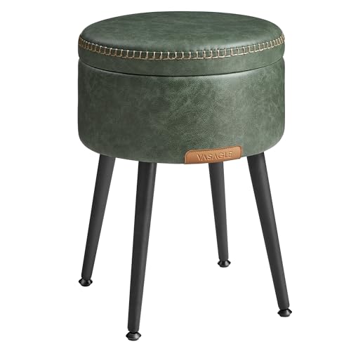 VASAGLE Storage Ottoman, Synthetic Leather Round Seat with Steel Legs