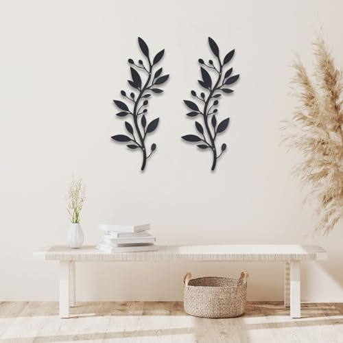 OYEFLY 2 Pieces Metal Vine Olive Branch Leaf Wall Decor,Tree Leaf Wall Decor for Living Room (Black, style2)