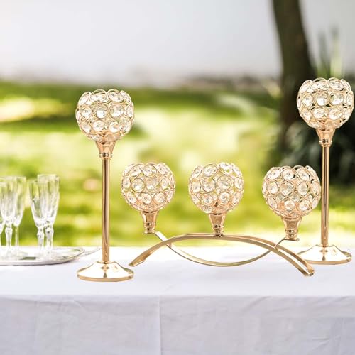 Crystal Tealight Candle Holder Centerpiece Home Decorative Candlestick Holder Elegant Table Centerpiece Home Decor Wedding Party Anniversary (Gold, Set of 3)