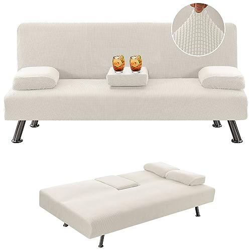 4 Pieces Stretch Futon Covers Sofa Bed Slipcover with Removable Armrests and Cupholders Covers Furniture Protector High Spandex Small Checks Jacquard Fabric (New Ivory)