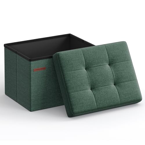 SONGMICS Mazie Collection - Small Folding Storage Ottoman, Foot Rest Stool, 12.2 x 16.1 x 12.2 Inches, 286 lb Load Capacity, for Living Room, Bedroom, Home Office, Dorm, Retro Green ULSF102C01