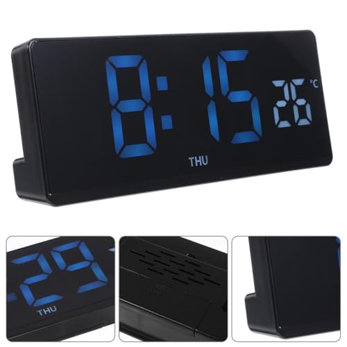 DECHOUS LED Digital Desk Clock Large Display Thermometer Alarm Clock Blue LED Temperature Display for Home Office, Black Frame, Battery Not Included