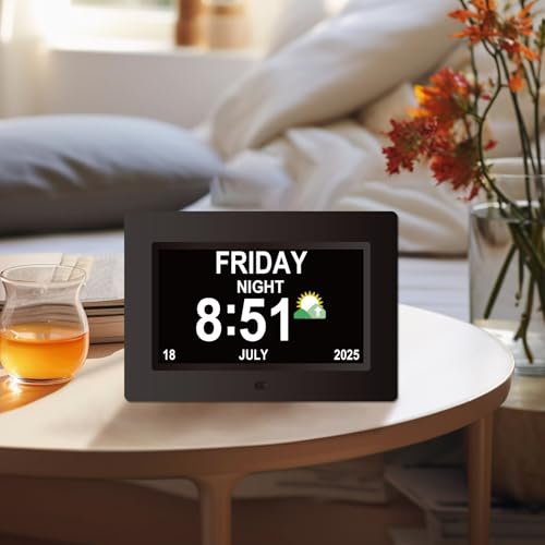Digital Dementia Clocks for Seniors, 7 Inch, Black | Day Date Time Large Display for Poor Vision Easy Read, Medication Reminder Alarm, Spanish 10 Languages, Alzheimer Gifts