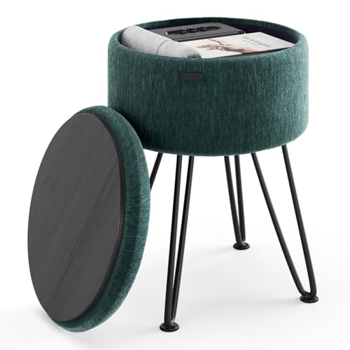 Round Ottoman with Storage, Textured Velvet Storage Ottoman, Foot Stool Ottomans, Makeup Vanity Stool, Small Ottomans Foot Rest, Modern Vanity Stools for Living Room and Bedroom, Green