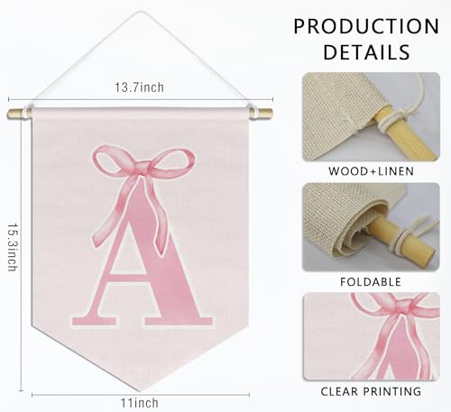 initial Personalized Preppy Canvas Hanging Pennant Flag Banner, Coquette Pink Bow Teen Girl Gifts,Trendy Cute Monogrammed Gifts Wall Decor for Women Teen Girl Nursery bedroom(A)