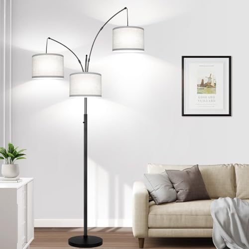 Dimmable Floor Lamp, 3 Lights Black Arc Floor Lamp, Modern Tall Standing Tree Lamp with Grey Linen Shades & He