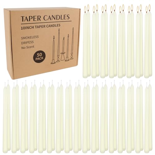 WPONSZU 50 Pack Ivory Taper Candles, 7-8 Hours Burn Time, Unscented, Smokeless and Dripless, 4/5 x 10 Inch for Christmas,Household,Dinner,Wedding,Valentine's Day,Party and Home Décor Candlesticks