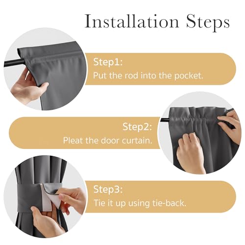 PONY DANCE Blackout Door Window Curtains, Dual Rod Pocket Grey Drape for Front Glass French Door, Privacy Thermal Insulated Room Darkening Curtain for Sidelight Window, W 25 x L 72 inch, 1 Panel