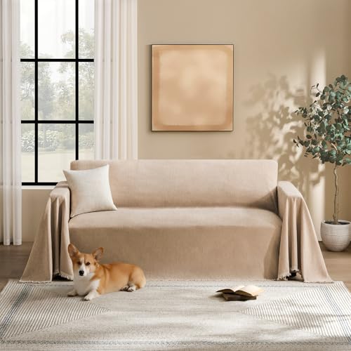Couch Cover for Dogs Sectional Sofa Covers Washable for 2 Cushion Couch, Chenille Couch Cover Blanket, Sectional Sofa Slipcovers, Multi-Use Furniture Protector for Kids, Pets, 71" X118", Sand