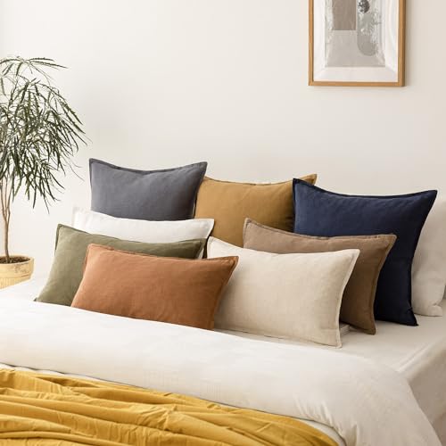 Foindtower Pack of 2, Decorative Linen Soild Throw Pillow Covers Soft Accent Cushion Case Boho Farmhouse Neutral Pillowcase for Couch Sofa Bedroom Living Room Home Decor 20 x 20 Inch Natural Beige