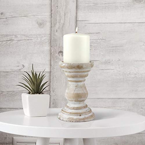 Stonebriar Antique White Wooden Pillar Candle Holder, Vintage Seaside Pillar Stand for Dining Table Centerpiece, Coffee Table, Mantel, Or Any Table Top, Medium