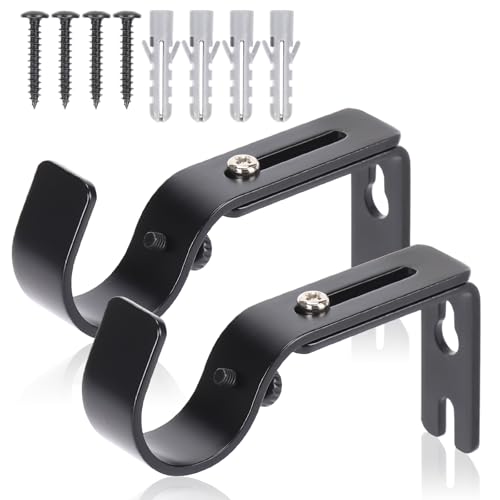 Premium Curtain Rod Brackets for Wall - Adjustable Hooks, Iron Holders for 1 Inch Rod - Black (2 PCS)