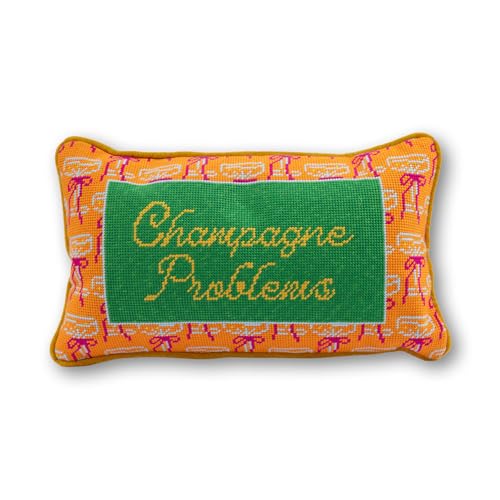 FURBISH Needlepoint Decorative Throw Pillow - Small Embroidered Accent Pillow for Bed, Chair, Couch, Sofa, Eclectic Home Decor, 9" x 15" - Champagne Problems