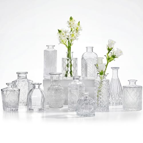 Glass Bud Vases Set of 12, Small Vases for Flowers, Clear Bud Vases in Bulk for Centerpieces Mini Vintage Vase for Rustic Home Wedding Table Decorations