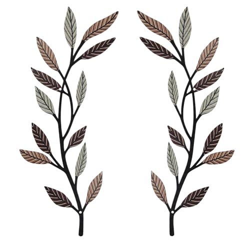AHYS Metal Tree Leaf Wall Decor 2 PCS Rustic Vine Branch Leaf Wall Art for Living Room Bedroom Bathroom Decorations - Vintage Brown