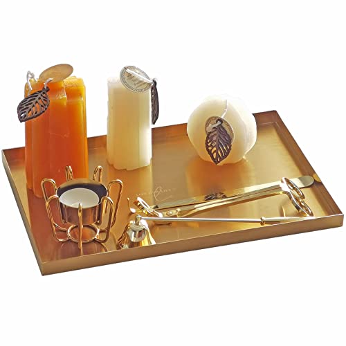 FREELOVE Gold Tray for Bathroom Vanity Brass Decor, Small Candle Holder, Rectangle Soap Dish, Brushed Square Plate, Coffee Table Toilet Back Modern Antique, 8''X12''