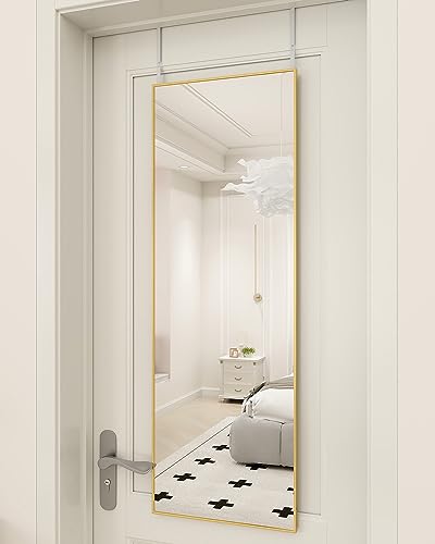 BEAUTYPEAK 14" x 48" Adjustable Height Over The Door Mirror, Rectangular Full Length Hanging Door Mirror with Shatterproof Tempered Glass Aluminum Alloy Frame for Dormitory, Gold