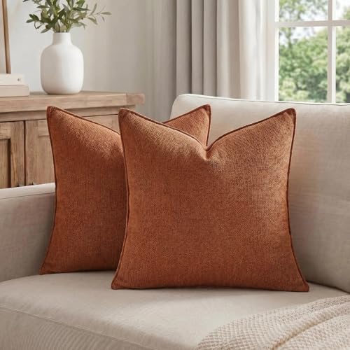 Fancy Homi Set of 2 Small Rust 14x14 Inch Soft Chenille Decorative Throw Pillow Covers with Flange Edge, Square Neutral Modern Boho Textured Cushion Case Home Decor for Couch Sofa Bed Living Room