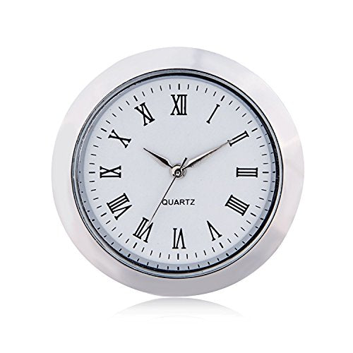 ShoppeWatch Mini Clock Insert 1 7/16" (35mm) Quartz Movement | Miniature Clock Face Insert | Small Round Fit Up White Face Silver Tone Bezel Roman Numerals CK097SL