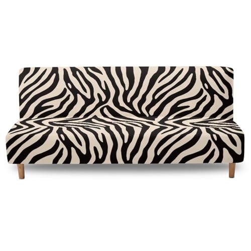 Zebra Print Beige Black Soft Futon Covers Armless Sofa Bed Slipcover with Elastic Bottom Wear Resistant Furniture Protector Stretch Washable Couch Cover for Futon