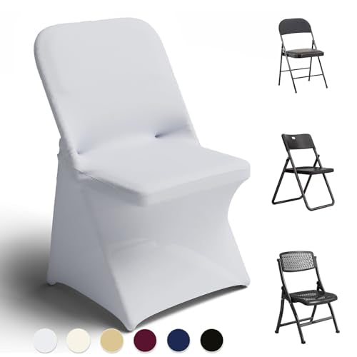 Trlyc Spandex Folding Chair Covers 100 Pcs Universal Fitted Dining Chair Cover Stretchy Slipcovers for Wedding Party Banquet Flat-Front Chairs Covers (White)