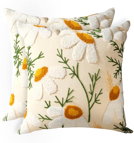 Embroidered Throw Pillow Covers 18x18 Inch - Set of 2 Summer Decorative Pillow Covers with Zipper Aesthetic Cute Design Throw Pillowcases for Couch Sofa Bed, Daisy