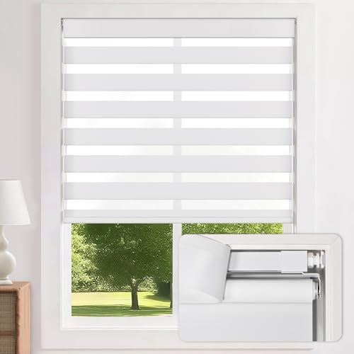 LazBlinds No-Drill Cordless Zebra Blinds - Dual Layer Light Filtering & Room Darkening, Free-Stop Lift, Easy Install, Day & Night Privacy with Valance for Window 34" W x 64" H, White