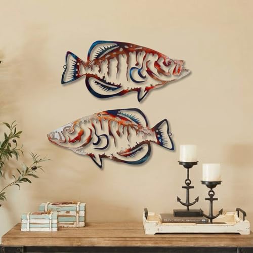 Lounsweer 2 Pcs Metal Fish Wall Decor Vintage Fishing Decor Rustic Hanging Wall Art for Fishing Living Room Bedroom Bathroom Cabin Housewarming Gift, 10 x 4.3 Inch