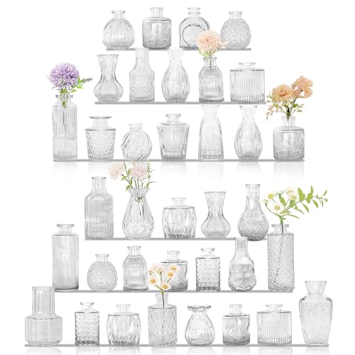 36Pcs Bud Vases Set Small Vintage Glass Bottles Clear Bud Vases in Bulk Multiple Shape Cute Glass Vases for Rustic Wedding Centerpieces Table Decorations and Home Decor(Clear)