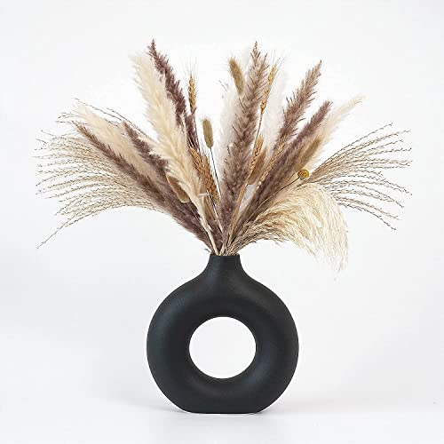 CEMABT Black Donut Vase Hollow Ceramic Vase for Flowers Handmade Minimalist Boho ins Style Modern Home Decor for Wedding Dinner Table Party Living Room Office Bedroom(M