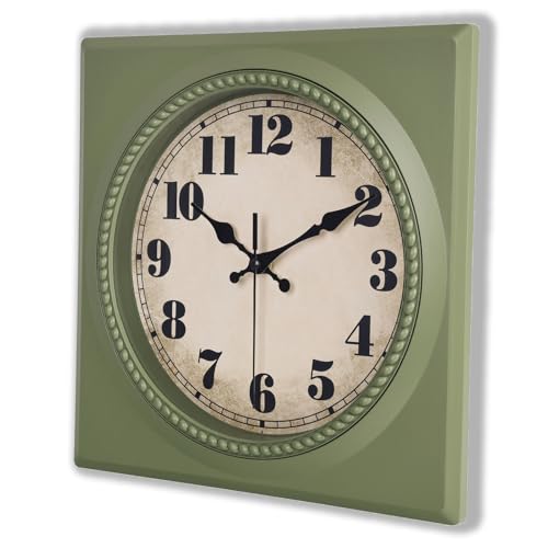 Vintage Wall Clock 1950s Style - Retro 50's Mid Century Square Wall Clocks Battery Operated for Kitchen Living Room Home Decor - 12 Inch, Olive Green