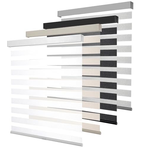 Cordless Zebra Blinds for Windows, Free-Stop Pull Down Roller Window Shades with Valance, Light Filtering Dual Layers Sheer Shades for Home and Office, White, 35" W x 72" H
