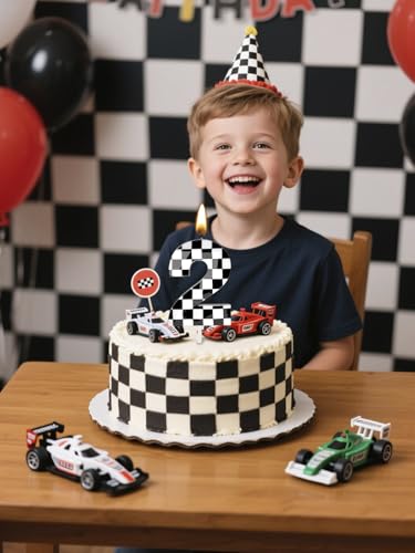 Number 2 Racing Cars Birthday Candles,2.68 Inch Black White Checkered Birthday Number Candles, Cool Racing Themed Number Candles for Boys and Girls, Kids Race Car Themed Party Decorations Supplies