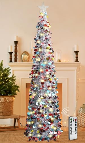 HISFFOG 5FT Pop Up Christmas Tinsel Tree with 8 Rmote Lights Modes - Collapsible Colorful Sequin Artificial Christmas Pencil Trees Decorations for Home Apartment Party Fireplace Indoor Outdoor