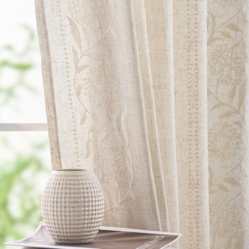 jinchan Winslow Linen Curtains for Bedroom 84 Inches Length Embroidered Bordered Floral Curtains for Living Room Farmhouse Decor Light Filtering Window Treatments Ivory on Beige Drapes 2 Panels