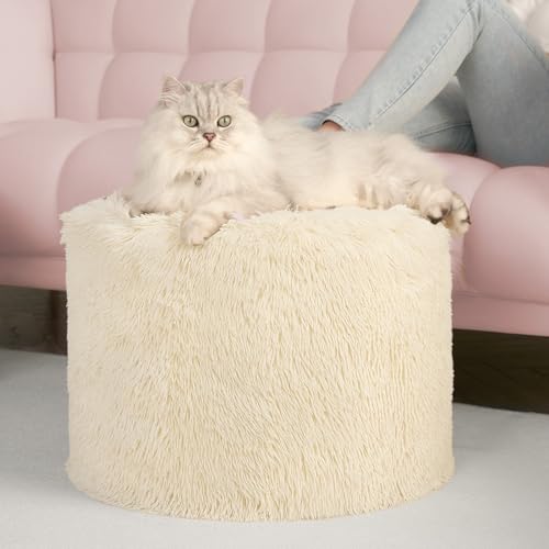 Hansleep Round Stuffed Pouf Ottoman 17 x 14, Foam Filled Faux Fur Ottoman Foot Rest for Chair with Washable Cover, Foot Stools Under Desk for Living Room & Bedroom, Beige