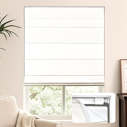 LazBlinds No Tools No Drill Cordless Roman Shades for Windows, Blackout Thermal Insulated UV Blocking Window Blinds, Lightweight Fabric Blinds for Indoor Windows, 34.5" W x 48" H, Blackout - White